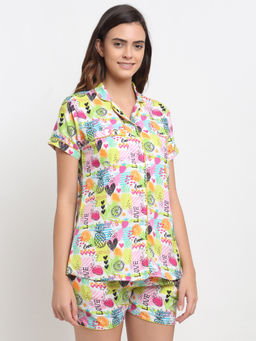 AOBA - Women White & Green Graphic Printed Night suit