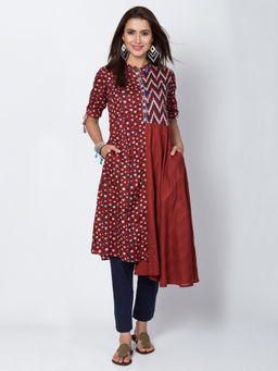 Biba - Rust Asymmetric Hem Printed Flared Kurta