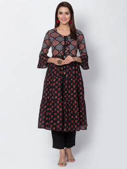 Biba - Black Front Open Printed Kurta With Inner (Set of 2)