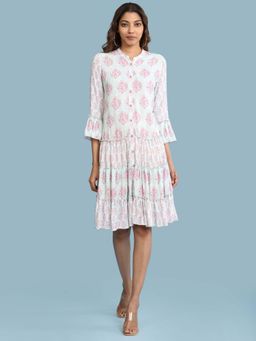 Aarke Ritu Kumar - Band Collar Three Quarter Sleeve Printed Tiered Dress