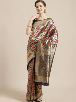 Sareemall - Navy Blue Floral Saree With Unstitched Blouse