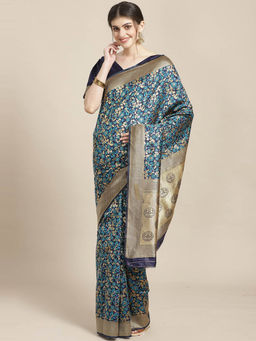 Sareemall - Navy Blue Floral Saree With Unstitched Blouse