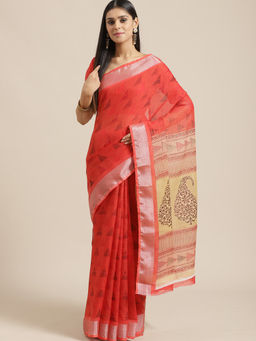 Sareemall - Red Printed Saree With Unstitched Blouse