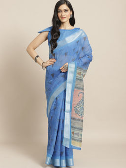 Sareemall - Blue Printed Saree With Unstitched Blouse