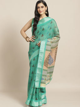 Sareemall - Green Printed Saree With Unstitched Blouse
