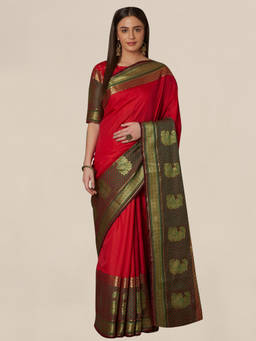 Akhilam - Red Printed Saree With Unstitched Blouse