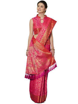 Akhilam - Pink Silk Blned Woven Design Party wear Banarasi Saree with Matching Unstitched Blouse
