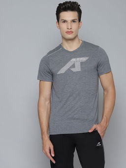 Alcis - Men Charcoal Grey Brand Logo Printed Round Neck Sports T-Shirt