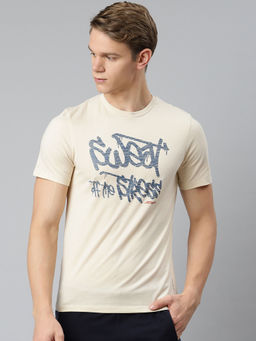 Alcis - Men Beige Typography Printed Slim Fit Training or Gym T-Shirt