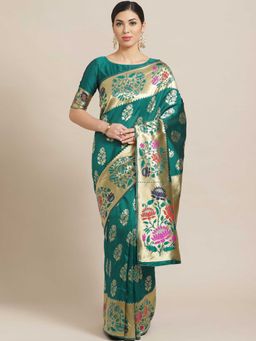 Sareemall - Green Silk Blend Saree With Unstitched Blouse