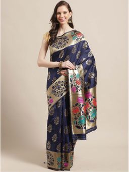 Sareemall - Navy Blue Silk Blend Saree With Unstitched Blouse
