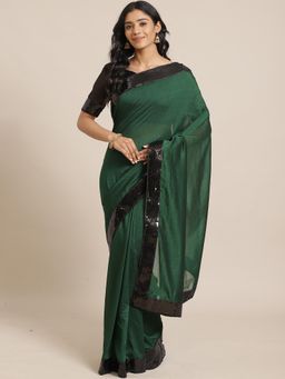 Akhilam - Green Festive Silk Blend Solid Saree With Unstitched Blouse