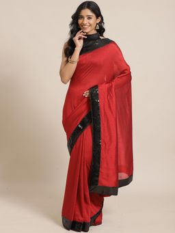 Akhilam - Maroon Festive Silk Blend Solid Saree With Unstitched Blouse