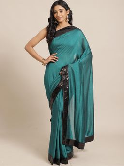 Akhilam - Teal Blue Festive Silk Blend Solid Saree With Unstitched Blouse