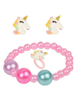 Arendelle - Metallic Pink Beads Unicorn Bracelet, Earrings and Ring Set
