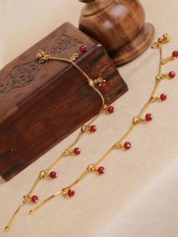 Priyaasi - Set of 2 Gold Plated Maroon Pearl Studded Anklets