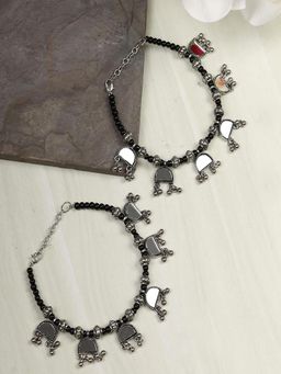Priyaasi - Black Beads Mirror Silver Plated Traditional Anklets