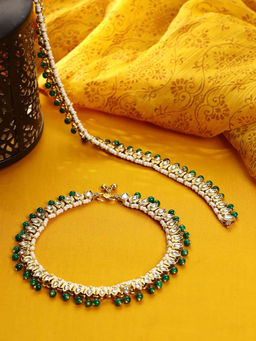 Priyaasi - Green Kundan Beads Gold Plated Anklets
