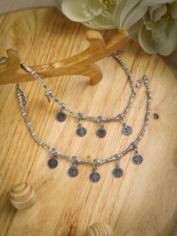 Priyaasi - German Silver Plated Oxidized Anklets Coin Style