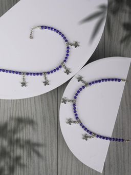 Priyaasi - Blue Stones Studded German Silver Plated Oxidized Anklets