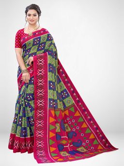 Sareemall - Blue & Pink Cotton Silk Saree With Unstitched Blouse