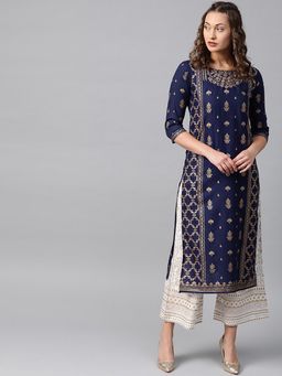 Anubhutee - Navy Blue Foil Print A-line Viscose Kurta With Palazzos (set Of 2)
