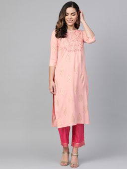 Anubhutee - Women Peach-coloured Pink Printed Kurta With Trousers (set Of 2)