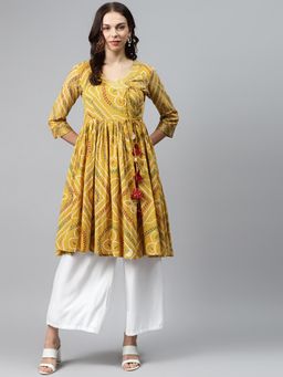 Anubhutee - Women Mustard Yellow White Bandhani Printed Pure Cotton Angrakha A-line Kurta