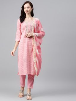 Anubhutee - Women Pink Bandhani Printed Thread Work Cotton Kurta & Trousers With Dupatta (set Of 3)