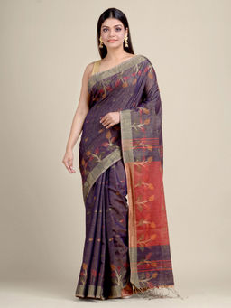 CHARUKRITI - Navy Blue Handwoven Blended Cotton Zari Weaving Saree With Un-Stitched Blouse