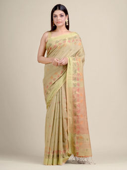 CHARUKRITI - Beige Handwoven Blended Cotton Zari Weaving Saree With Un-Stitched Blouse
