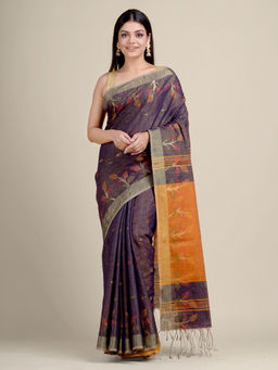 CHARUKRITI - Navy Blue Handwoven Blended Cotton Zari Weaving Saree With Un-Stitched Blouse
