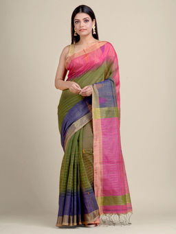 CHARUKRITI - Moss Green Stripes Style Handloom Saree With Un-Stitched Blouse