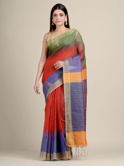 CHARUKRITI - Red Stripes Style Handloom Saree With Un-Stitched Blouse
