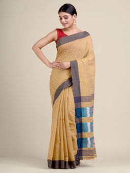 CHARUKRITI - Dark Beige Handwoven Blended Cotton Handloom Saree With Un-Stitched Blouse