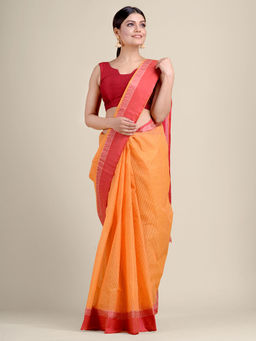 CHARUKRITI - Yellow Handwoven Cotton Tant Saree With Strip Design Without Blouse