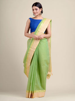 CHARUKRITI - Green Handwoven Cotton Tant Saree Without Blouse