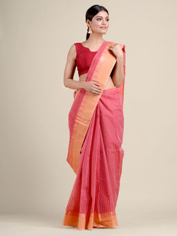 CHARUKRITI - Red Handwoven Cotton Tant Saree Without Blouse