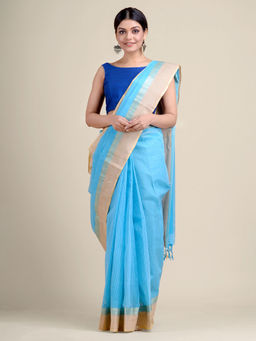 CHARUKRITI - Blue Handwoven Cotton Tant Saree Without Blouse