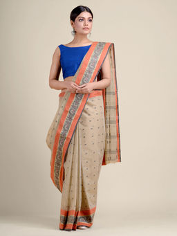 CHARUKRITI - Beige Handwoven Cotton Tant Saree Without Blouse