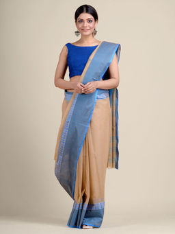 CHARUKRITI - Beige Handwoven Cotton Tant Saree Without Blouse