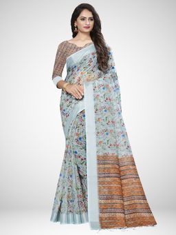 Sareemall - Light Blue Linen Printed Saree with Unstitched Blouse