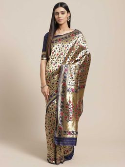 Sareemall - Navy Blue Silk Blend Saree With Unstitched Blouse