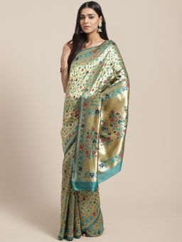 Sareemall - Green Silk Blend Saree With Unstitched Blouse