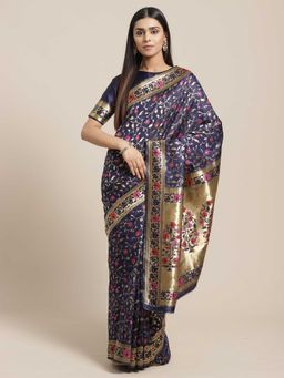 Sareemall - Navy Blue Silk Blend Saree With Unstitched Blouse