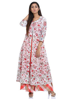 Biba - White Front Open Floral Dress With Inner (Set of 2)