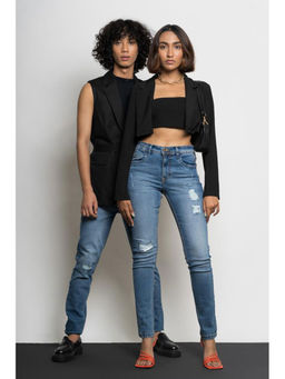 FREAKINS - Unisex Mid Blue Ripped Comfort Jeans