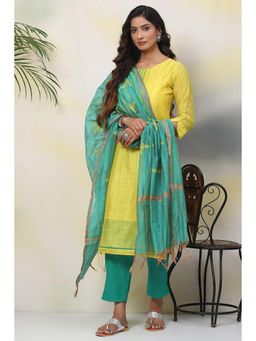 Biba - Lemon Green Chanderi Unstitched Dress Material Suit (Set of 3)