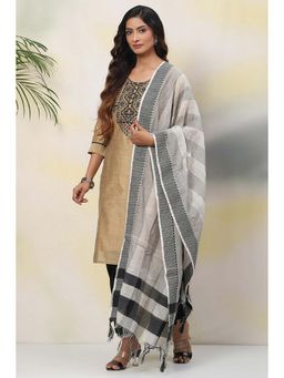 Biba - Beige Chanderi Unstitched Dress Material Suit (Set of 3)