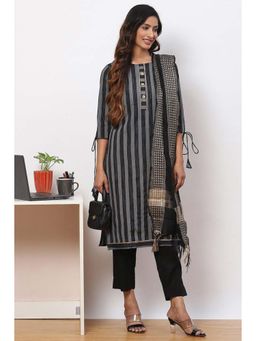 Biba - Black Cotton Unstitched Dress Material Suit (Set of 3)